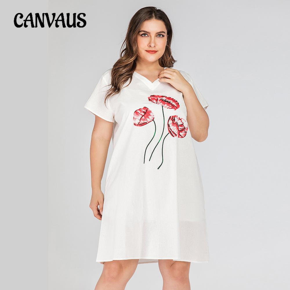 Summer Women's Dress Large Size V-neck Casual Print Loose Short-sleeved Dress