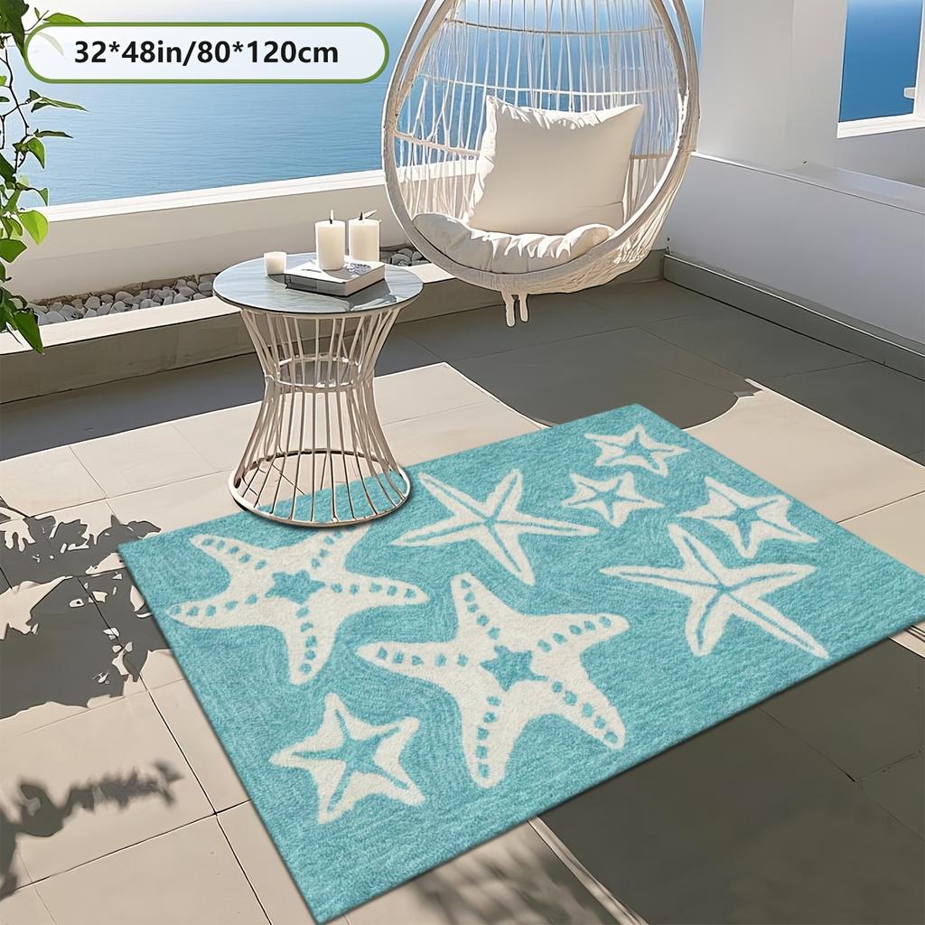 1pc 2D Flat White Starfish Blue Ocean Pattern Flannel Patio Rug Non Slip Coastal Beach Carpet For Deck Outdoor Floor