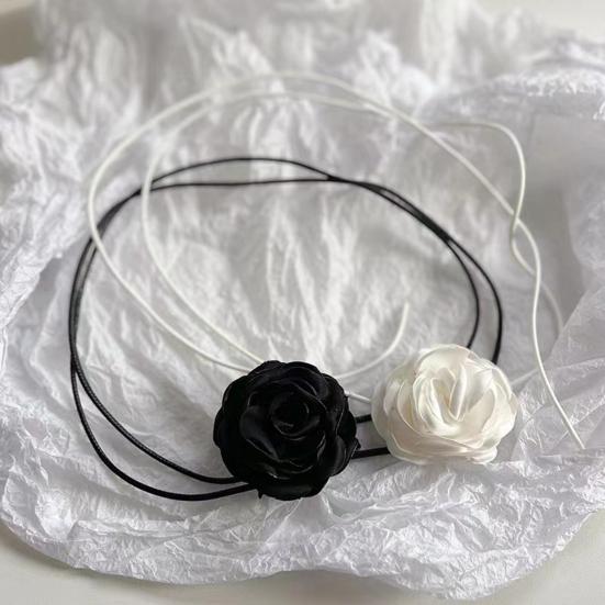 3D Rose Flower Choker Necklace Retro Black White Elegant Lace Up Adjustable Strappy