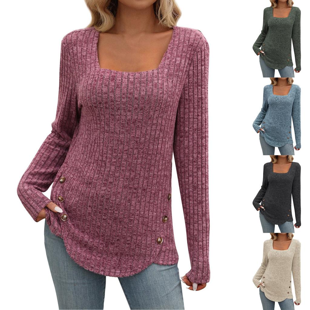 Women's Fashion Solid Color Square Collar Long Sleeve Button Casual T-shirt Top