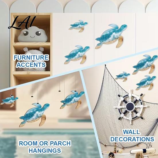 Tropical Wall Decorations 3Pcs Wooden Turtle Art Ocean Theme Hanging Ornaments for Bathroom Beach Style Living Room Bedroom Coastal with Traceless