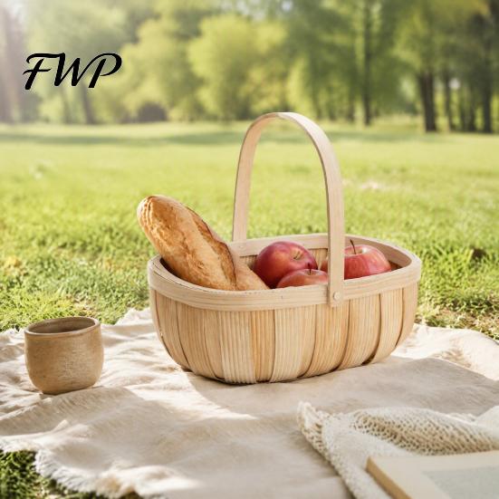 Portable Food Serving Tray Handmade Woven Wood Storage Basket, Oval Organizer with Reinforced Handle, Home Organization Baskets Large Capacity Bin for