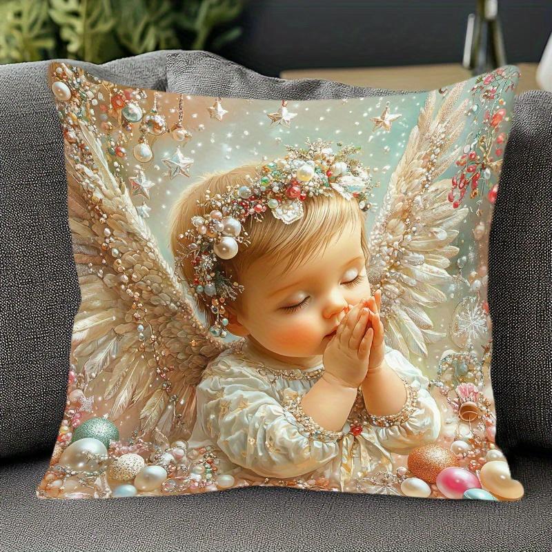 1pc Angel Girl Pillowcase 45cm X 45cm - Soft Smooth Polyester Short Plush Fabric, Single-Sided Printed Pearl and Floral Pattern, Zipper Closure, Machi