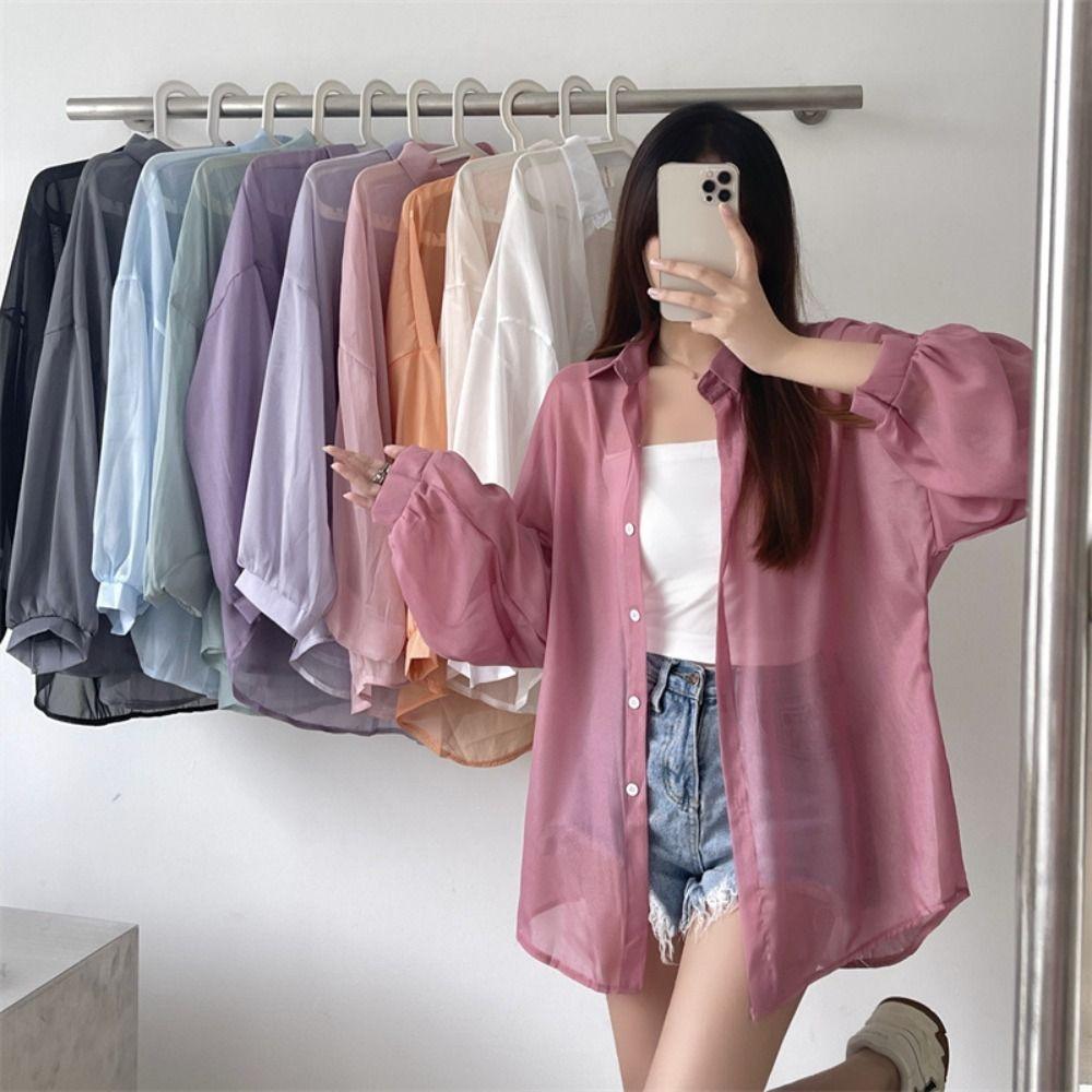 Chiffon Women Shirt Blouse Solid Color Female Loose Cardigan Casual Long Sleeve Top