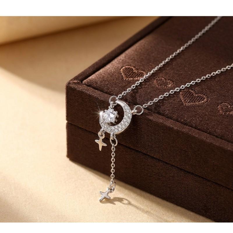 Sterling Star Moon Necklace Women Luxury Four-pointed Tassel Clavicle Chain Minimalist Design