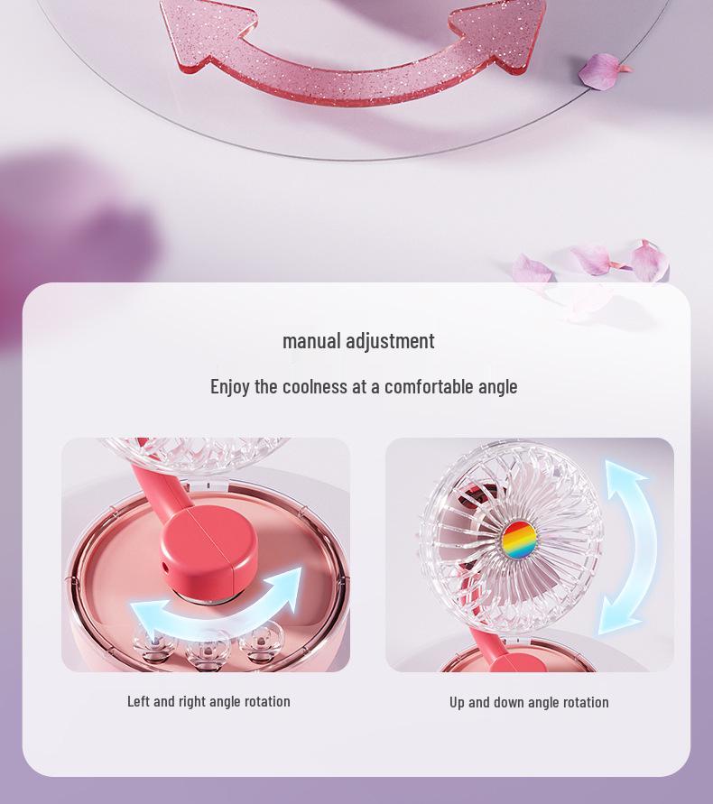 USB Rechargeable Transparent Mini Desk Fan: 3-Speed, Colorful Lights, Portable for Office and Students