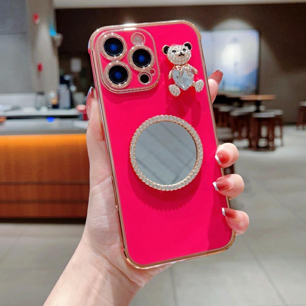 Чехол для iPhone 16 Pro с рисунком сердечек, гальванизированный ТПУ чехол для телефона с маленьким мишкой и зеркалом