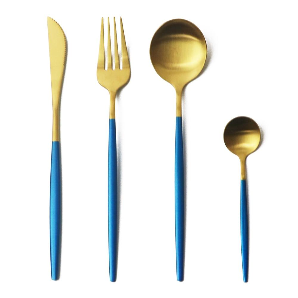 4Pcs Pink Gold Dinnerware Set Blue Gold Matte Cutlery Set Stainless Steel Tableware Set Fork Knife Spoon Silverware Flatware Set