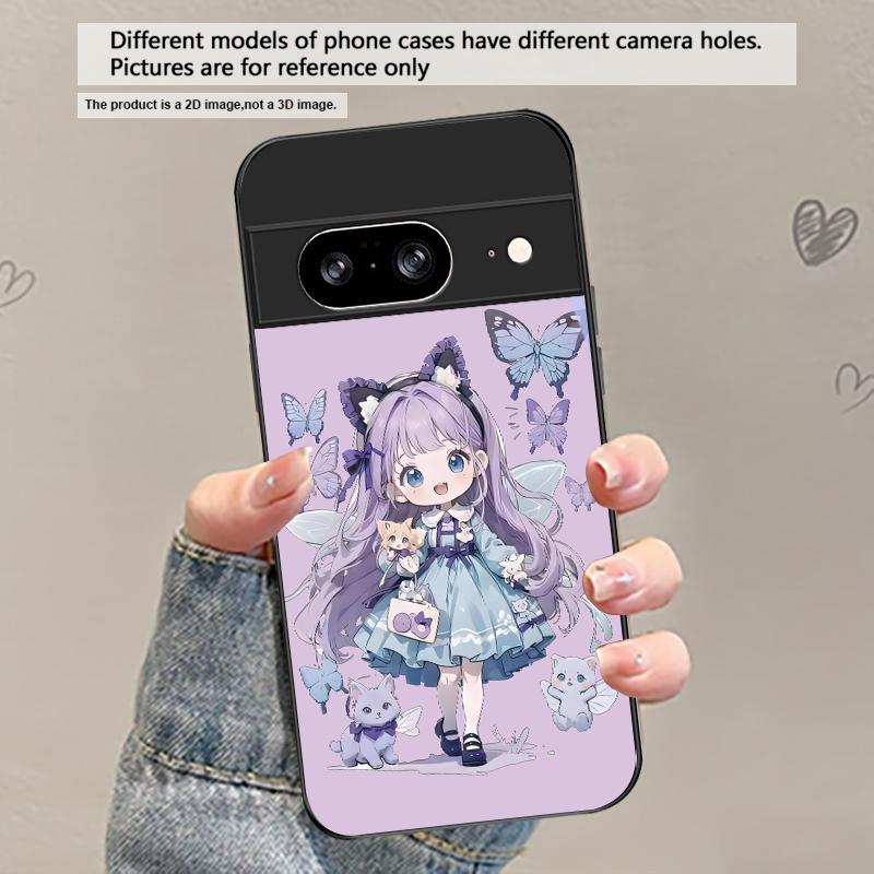 Q-версия Синяя Бабочка Для Google Pixel 8 7 9 10 Pixel 10 Pro XL Pixel 9 Pro XL Pixel 8a 7a Pixel 7 Pro Черный Стеклянный Чехол для Телефона