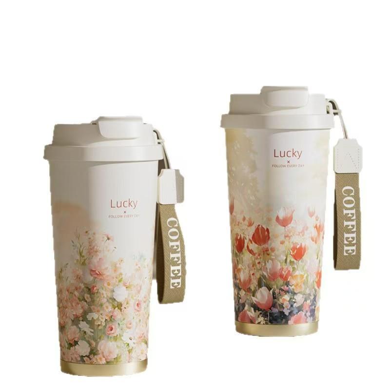 Ceramic Lined Insulated Coffee Tumbler With Straw Carry Rope 520ml Vacuum Travel Mug Women Men Office Car Outdoor
