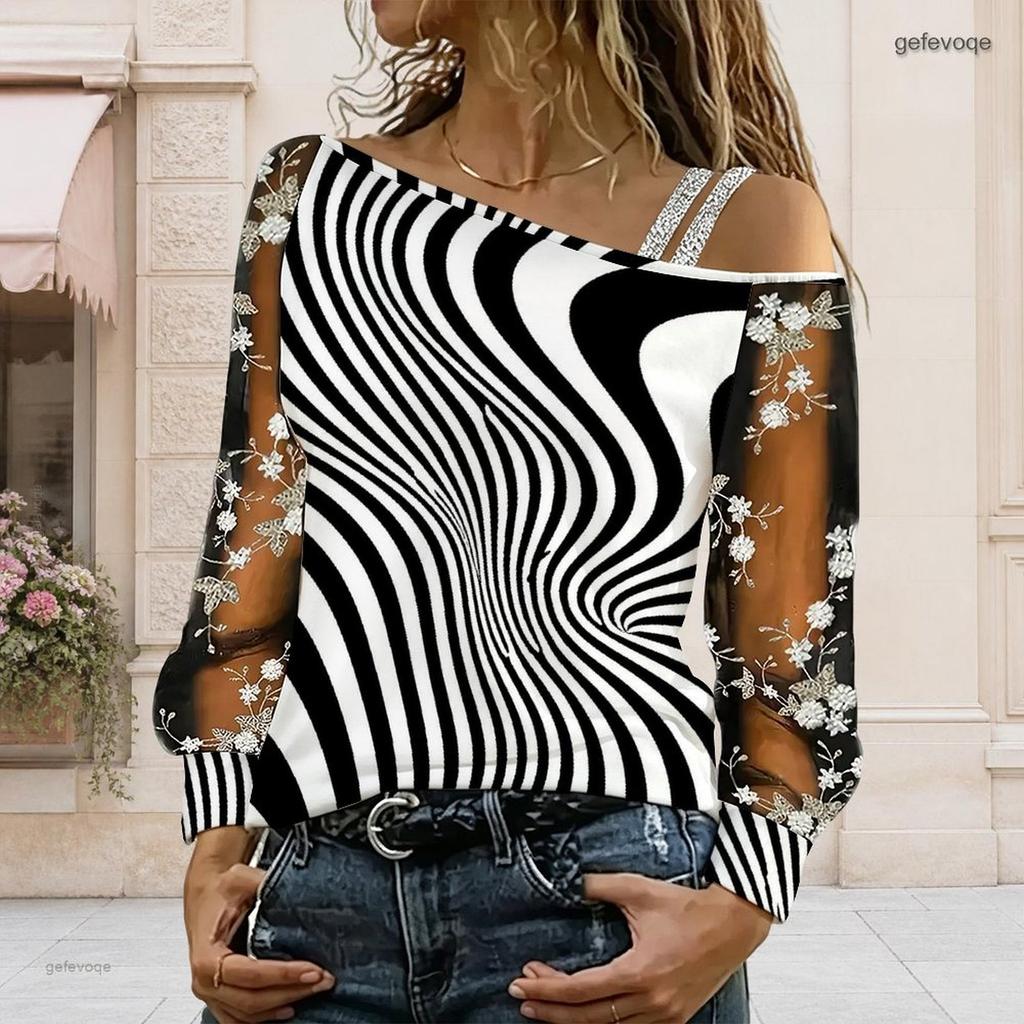 Women Plus Size Asymmetric Off Shoulder Long Sleeve Black White Printed Floral Mesh T Shirt