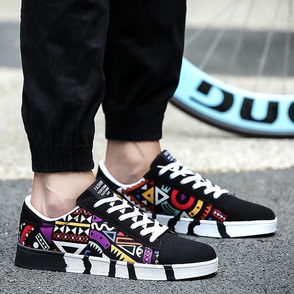 Men Spring Casual Flat Colorful Cool Graphic Low Top Canvas Sneakers Shoes Lightweight And Comfortable Fit