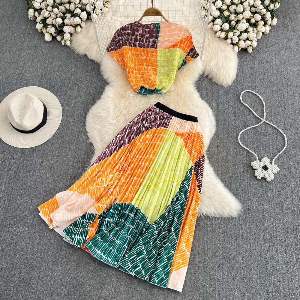 Женский модный комплект с круглым вырезом, тонкий короткий топ из двух частей, плиссированная юбка-трапеция с высокой талией и принтом