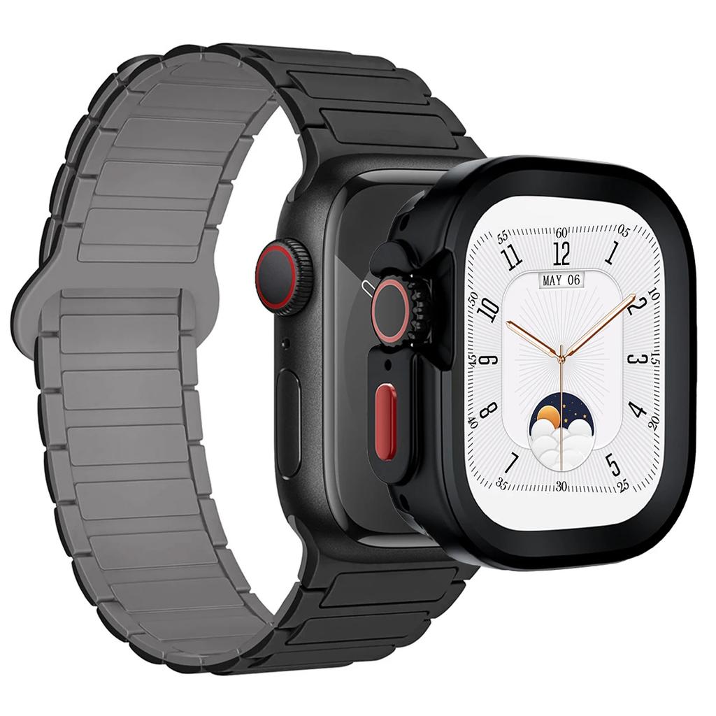 Ремешок+Чехол для Apple Watch Ultra 2 49 42 45 44 S10 46мм Магнитный силиконовый ремешок+чехол для IWatch Series 9 8 7 6 5 4 42мм 40 41мм