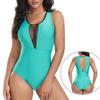Mesh Patchwork One Piece Swimwear Solid Color Monokini Swimsuit Padded Push Up Biquini