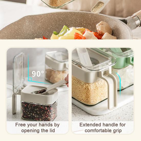 Коробка для приправ с ручкой ложки, пылезащитная крышка, прозрачная многофункциональная столешница, приправа для специй, соль, сахар, стеклянная банка для хранения, контейнер, кухонные принадлежности