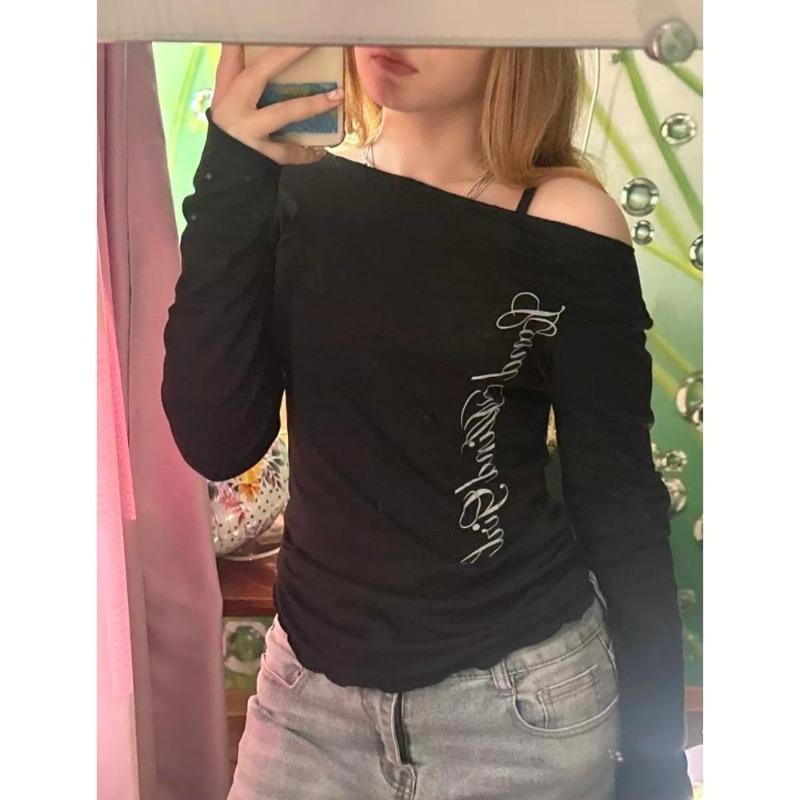 2KWEIRD Готический Харадзюку Винтажный Панк Эмо Девушки Футболка с Длинным Рукавом Сексуальный Приталенный Шикарный Принт Кроп-Топы Гранж Y2K Эстетика Женская Уличная Одежда