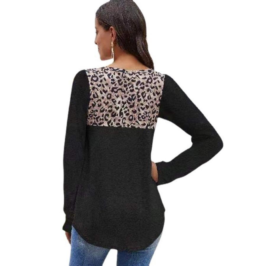 Осенне-зимняя женская футболка с круглым вырезом и леопардовым узором, свободный топ с длинными рукавами