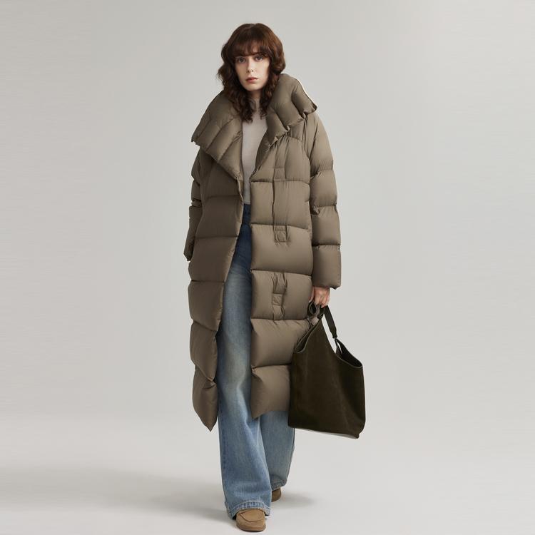 ELLE French Style Melard High-End Warmth Retention Mid-Length Lapel High Loft Down Jacket Women outerwear Dark-Khaki EY48907