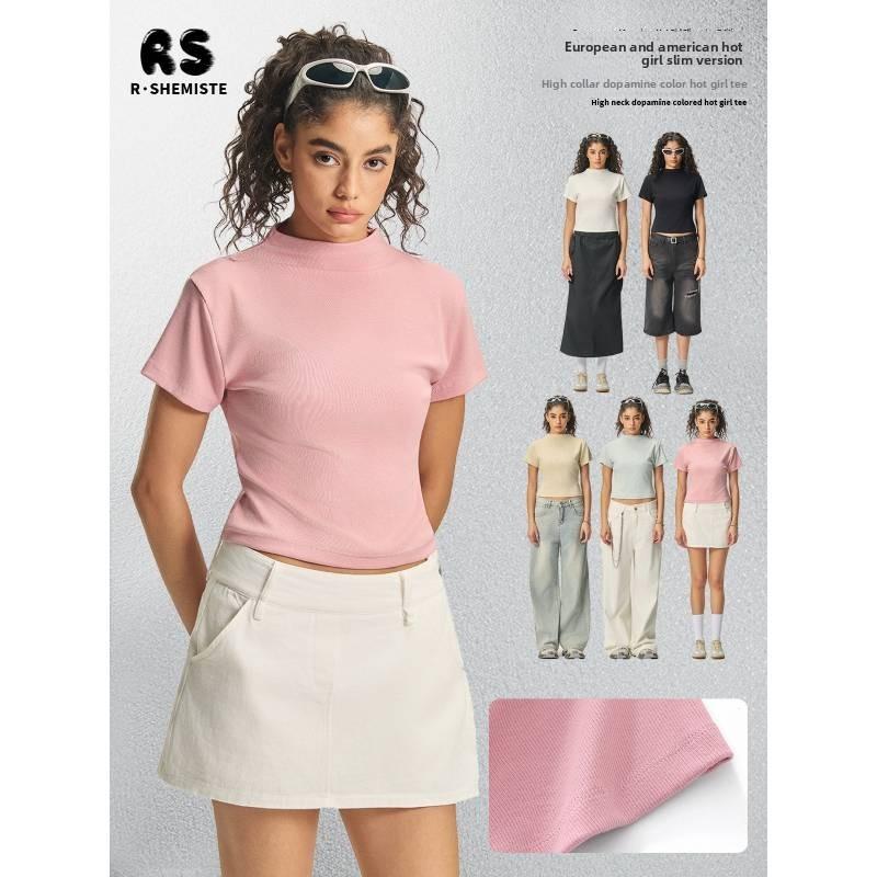 Streetwear Basic T Shirt With Small High Collar For Casual And Sports Use