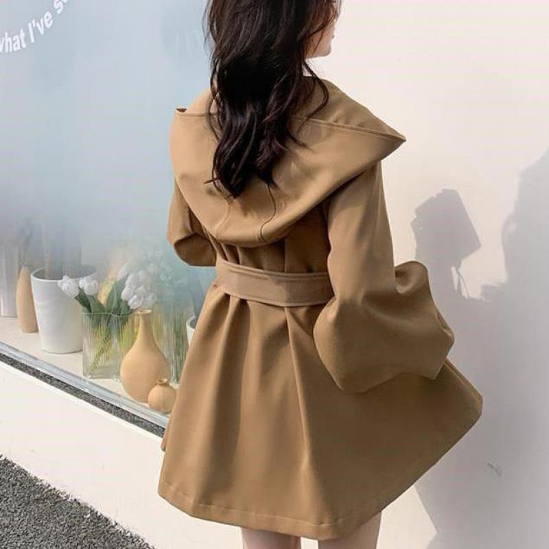 Autumn Korean Loose Trench Coat With Hooded Belt Black Woman Jackets Overcoat