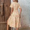 YYFS Женская мода лето весна цветочный принт с коротким рукавом V-образным вырезом с высокой талией повседневные платья