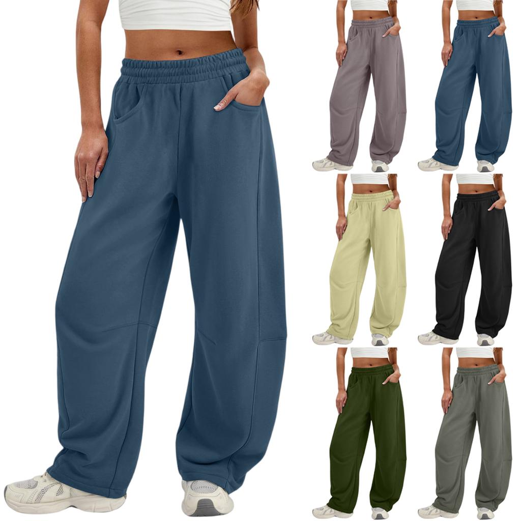 Women's Fashionable Solid Color Elastic Waist Pocket Casual Sweatpants Pants