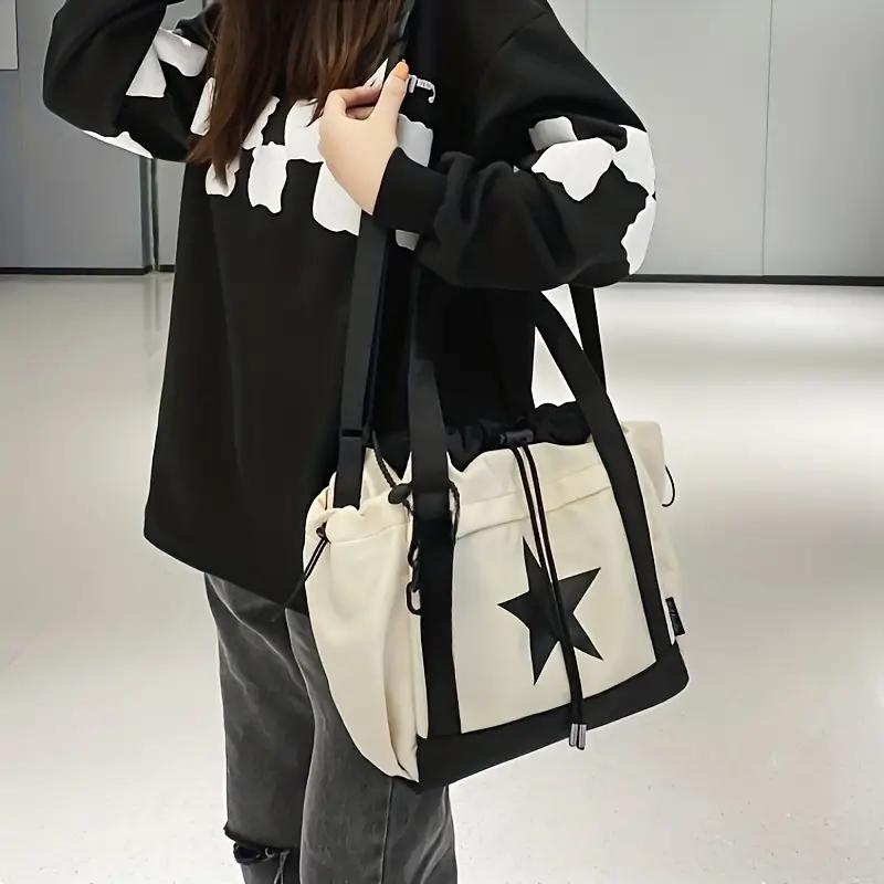 Женская холщовая сумка для студентов, подростков, девочек, дамская повседневная сумка, большая вместимость, декор звездами, на шнурке, для покупок, на плечо MIT