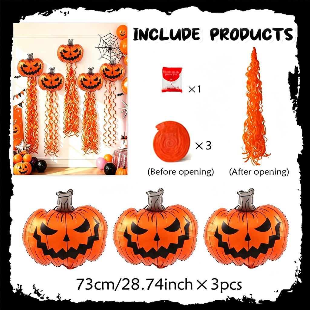 Halloween Decoration, Scary Pumpkin Balloons and Spiral Tassel Rain Curtain Set, Suitable for Halloween Parties, Birthday Parties, Photography Props