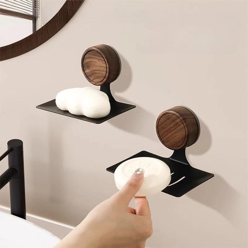 Nordic Style No Need To Drill Holes Wall-mounted Walnut Wood Soap Dish Suction Cup Soap Box Bathroom Toilet Draining Soap Rack