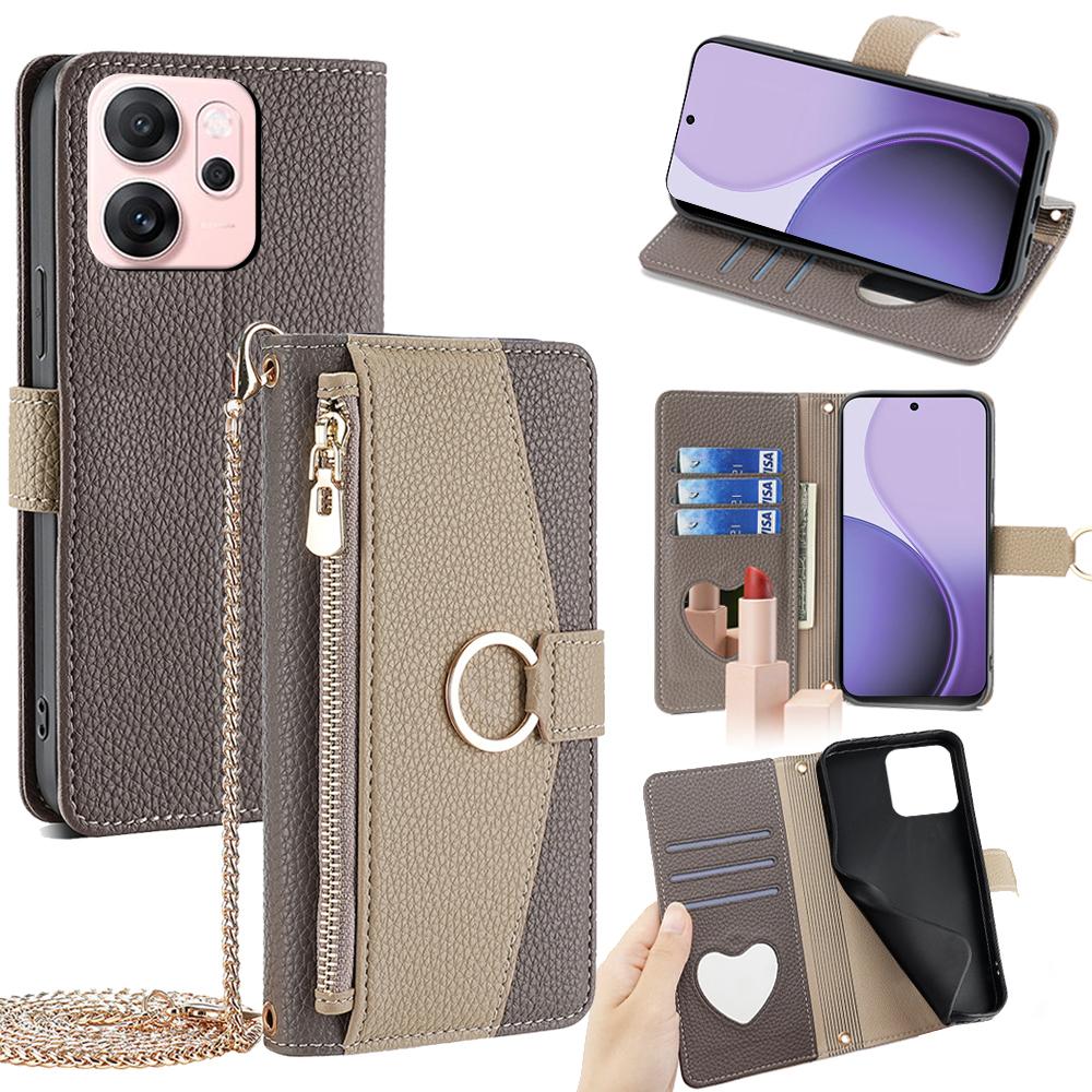 For Oppo Reno14 F 5G Case Mirror Wallet Leather Phone Cover with Chain Shoulder Strap