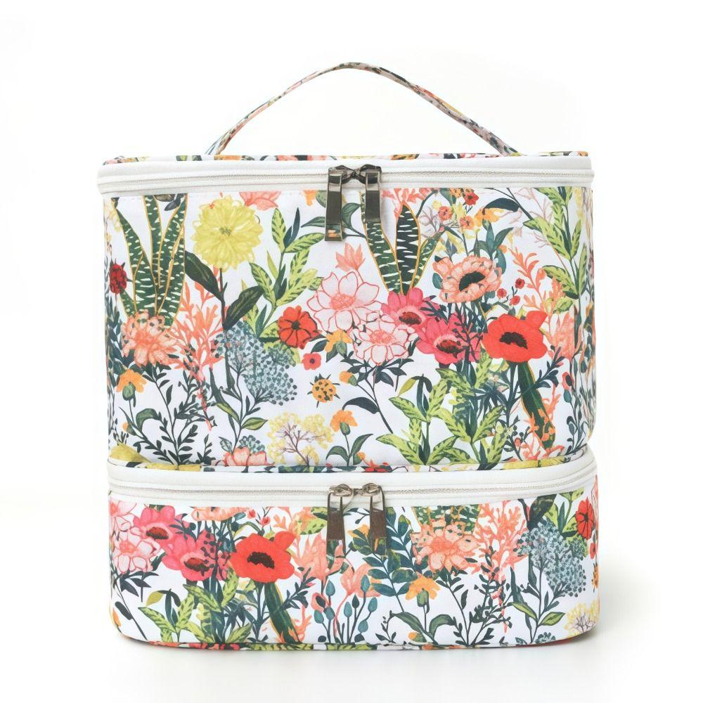 Double Layer Nail Polish Storage Bag Floral Print Large Capacity Essential Oil Bag Detachable with Handle Nail Lamp Case
