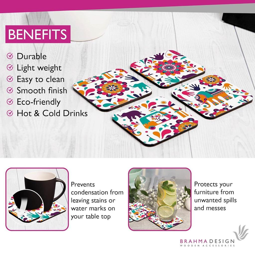 Набор с подарочной коробкой. Набор индийского дизайна из 4 настольных квадратных подставок размером 3,75 x 3,75 дюйма. Деревянные декоративные элементы для кухонного стола для чашек, кружек, банок, стаканов.