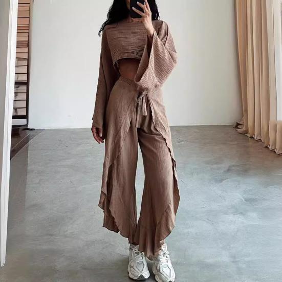 2 Pcs/Set Women Crop Top Pants Set Long Sleeve Boat Neck Short Top High Waist