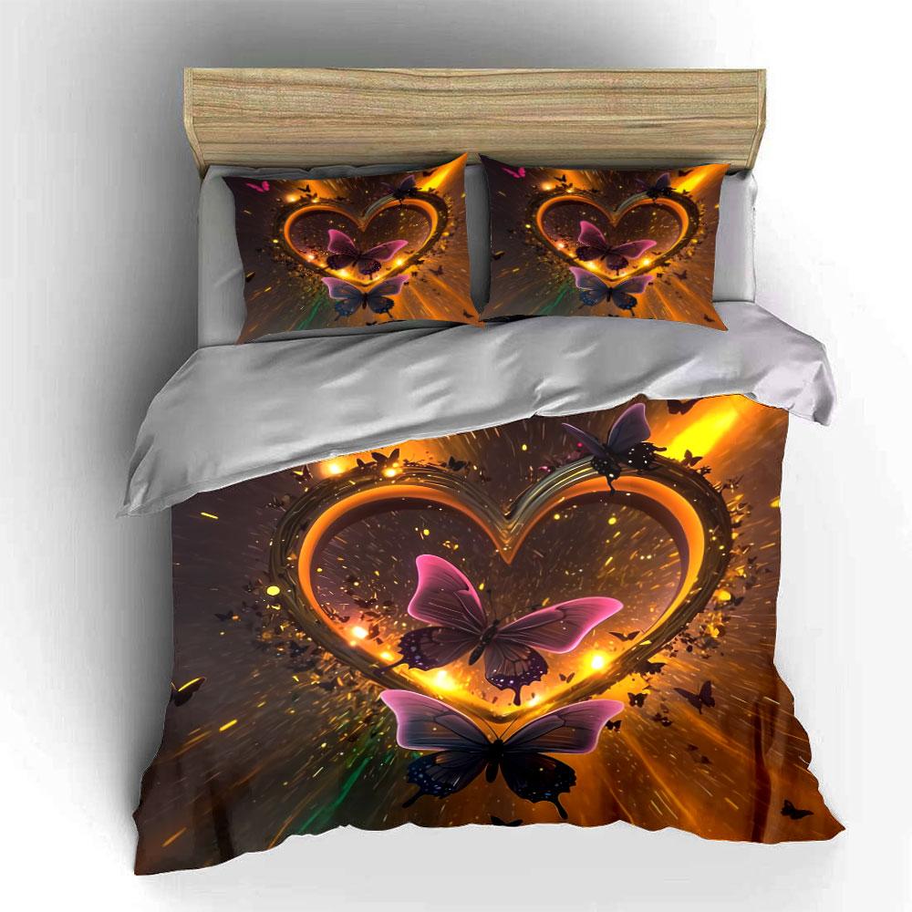 Heart Butterfly Art Decoration Set Bedding Set with 1 Duvet Cover 2 Pillowcases Single Double King Queen, Gift