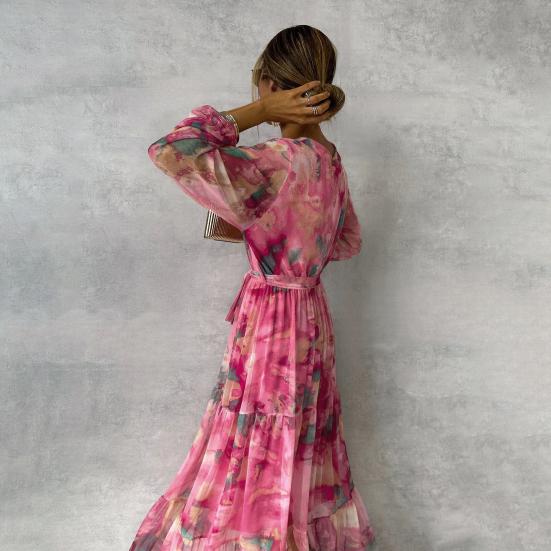 Женское вечернее платье в стиле пэчворк с V-образным вырезом на шнуровке на талии в богемном стиле с рукавами-фонариками плиссированное шифоновое платье макси с красочным принтом трапециевидной формы с большим подолом