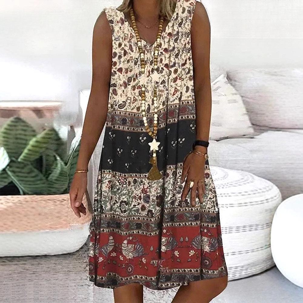 Женское платье с V-образным вырезом и цветочным принтом в стиле Юго-Восточной Азии 2025 года