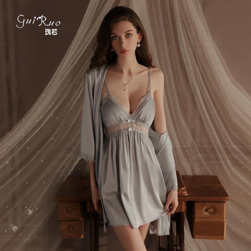 Women's Satin Mesh Comfy Padded Cami Sleep Dress with Robe Lounge Set