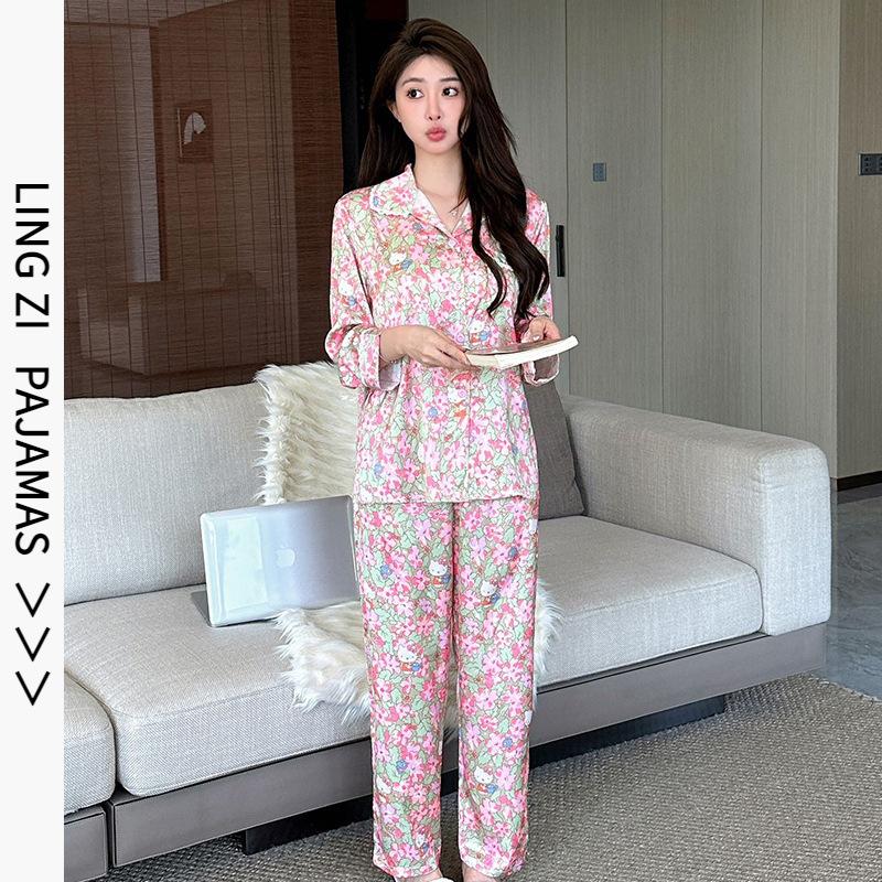 1111 summer new women's ice silk pajamas v-neck thin trousers long sleeves pink kt cat high-end loungewear