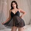 Women's Plus Size Sheer Mesh Deep V Low Cut Cross Backless Cami Sleep Dress Set