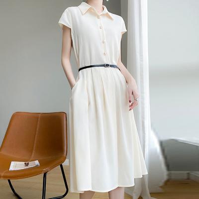 Ацетатное атласное платье-поло с воротником для женщин, летнее новое, легкая роскошь, миди-юбка, облегающее талию, длинная юбка