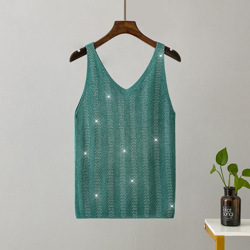 Женская летняя вязаная майка из ледяного шелка с яркой нитью и V-образным вырезом, облегающая майка