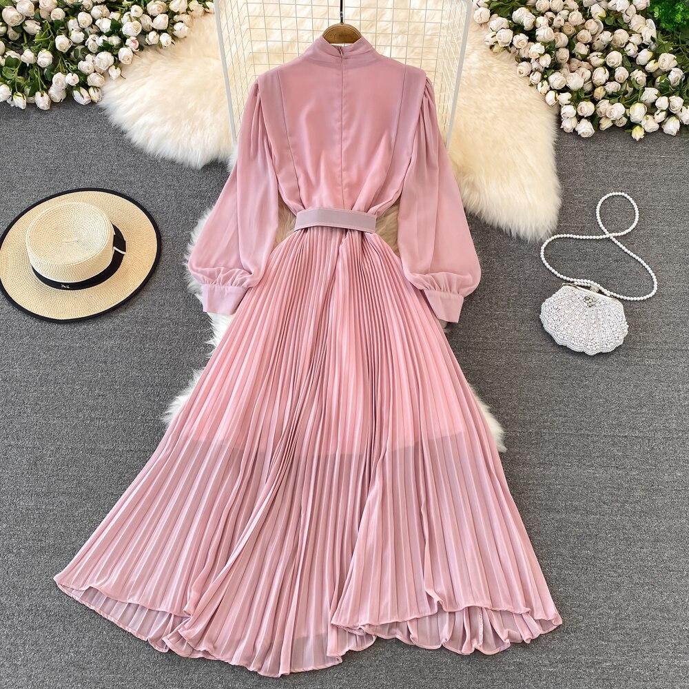 Весеннее корейское шикарное легкое зрелое стильное плиссированное платье с воротником-стойкой и высокой талией на шнуровке на талии Элегантное большое свободное платье
