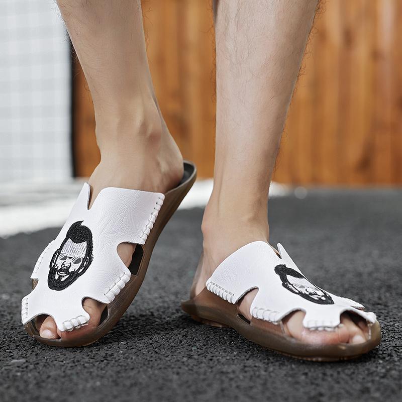 Летние мужские тапочки на плоской подошве, очень широкие сандалии, уличные пляжные повседневные кожаные сандалии с открытым носком, мягкие прогулочные сандалии