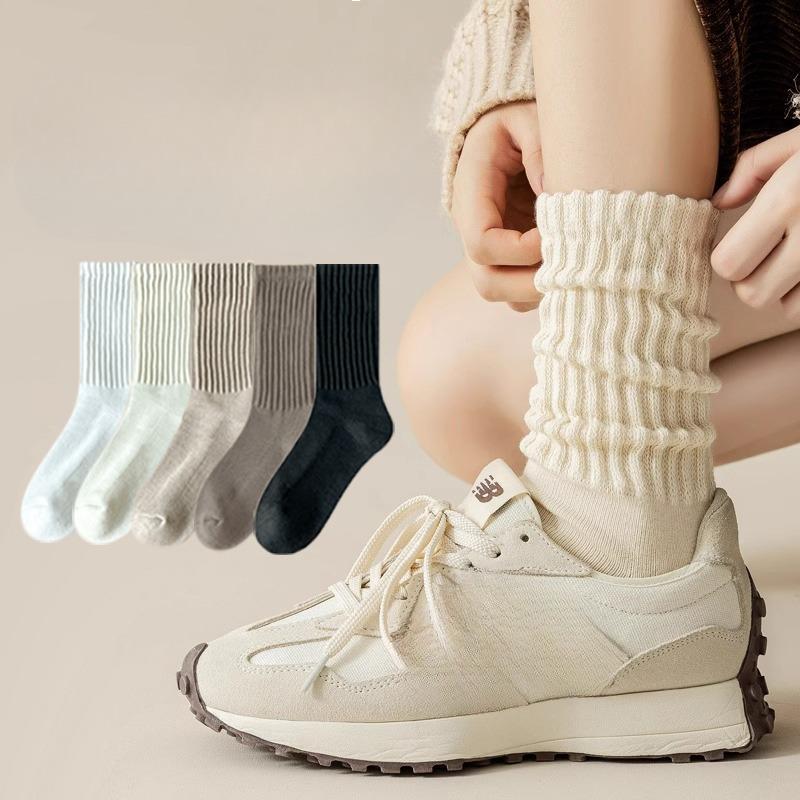 5 Pairs of Stacked Socks Women's Autumn and Winter Padded and Thickened Warm Terry Socks Solid Colour Mid-calf Socks Thick Needle Towel Socks Tide