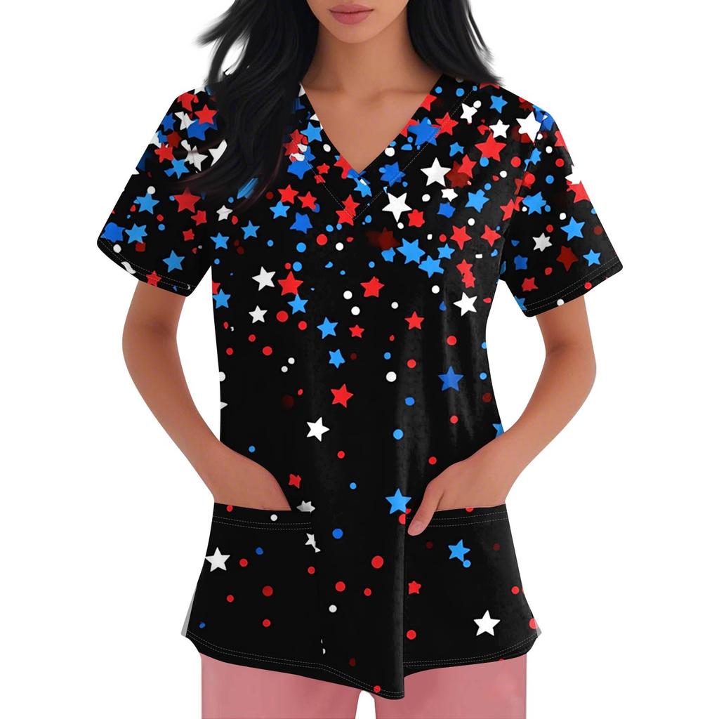 Women's Short Sleeve Independence Day Printed V-Neck Pocket Workwear Top