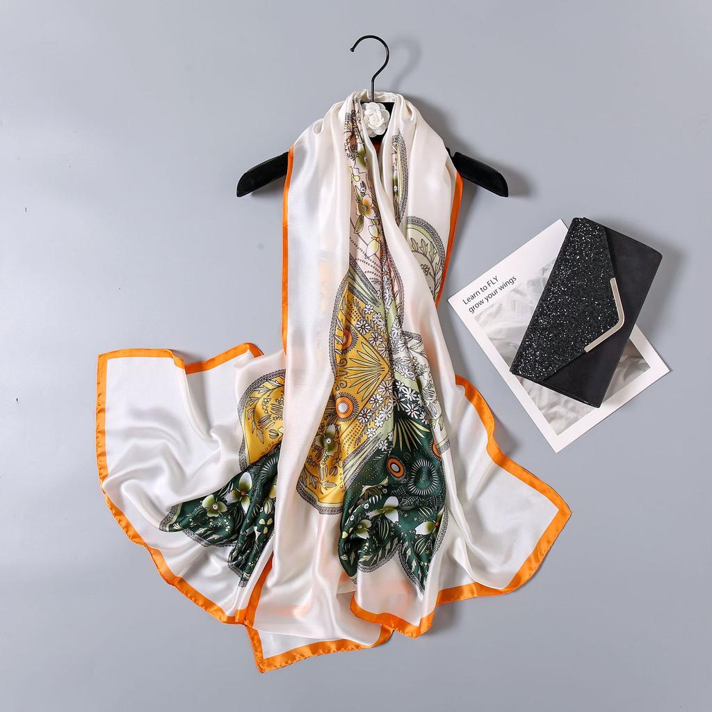Spring and Summer New Four-leaf Clover Flowers Flowers Women Sunscreen Silk Scarf Long Shawl Seaside Holiday Sunshade Scarf