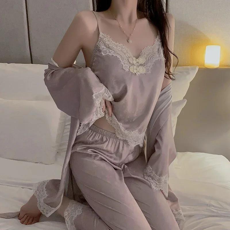 Сексуальный комплект пижамы для женщин, Новая кружевная пижама с чашечками и бретелями, Кружевные топы, Брюки и Комплекты пижамных накидок для женщин