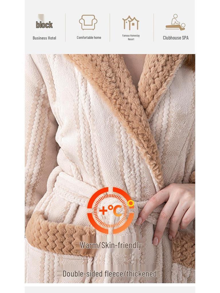 Комплект коралловых флисовых пижам для пары: Женский и мужской длинный, толстый, теплый халат для осени и зимы