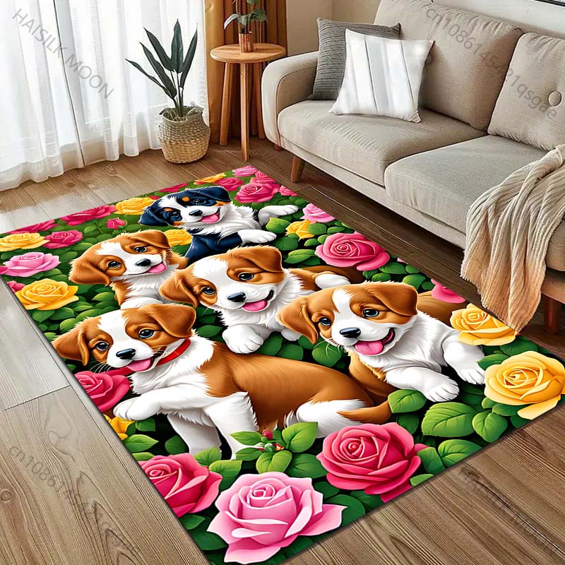 A Group of Puppies and Flowers Pattern Carpet for Living Room Bedroom Bedside Sofa Table Floor Mat Home Area Rug Decor